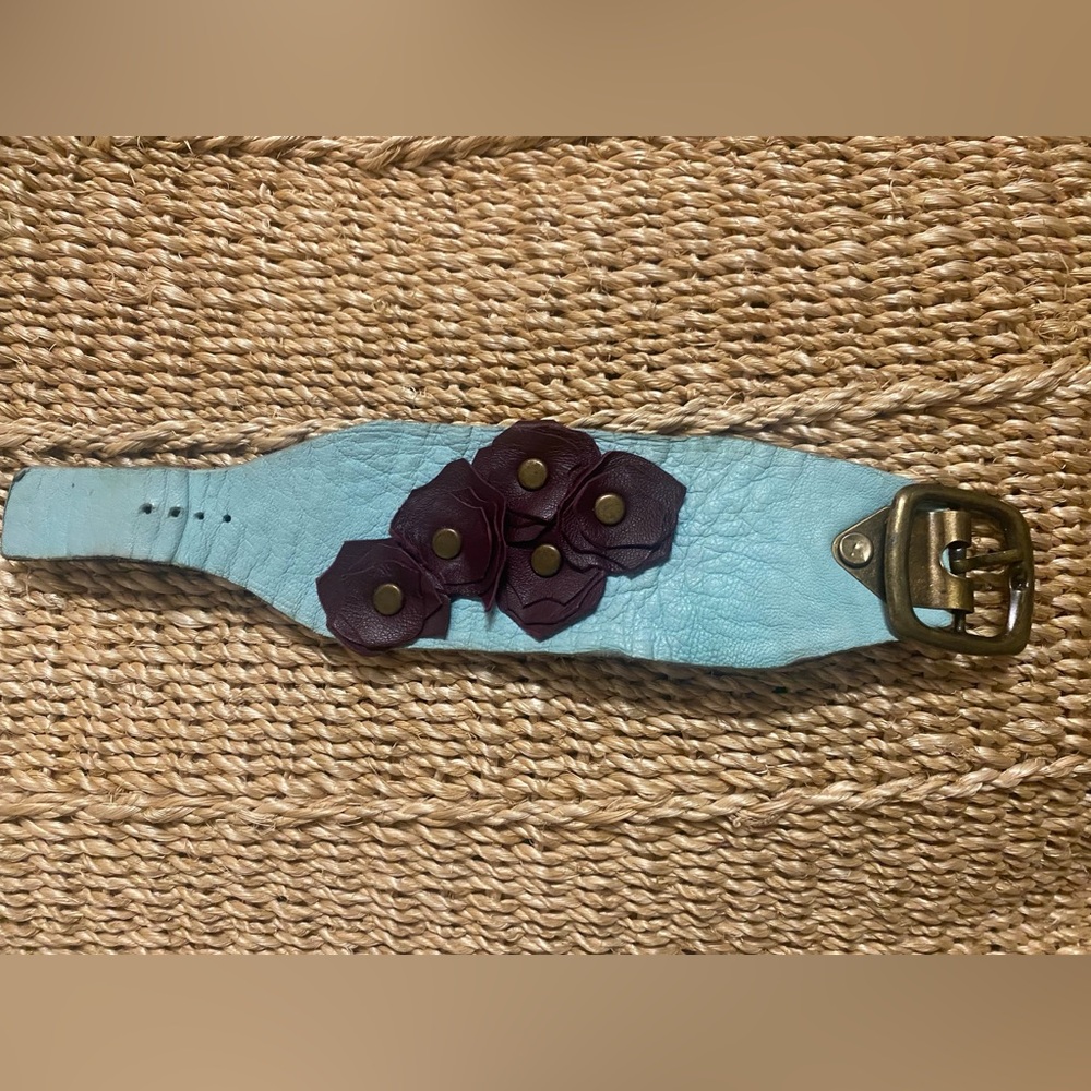 Vintage Aqua Leather Bracelet with Floral Accents